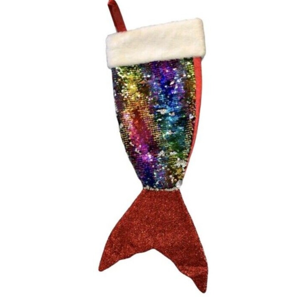 Mermaid Tail Sequin Christmas Stocking 25" Long Multicolor Silver Fishtail